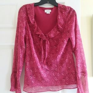Ladies Ann Taylor Red Multi  Floral Silk Blouse  S